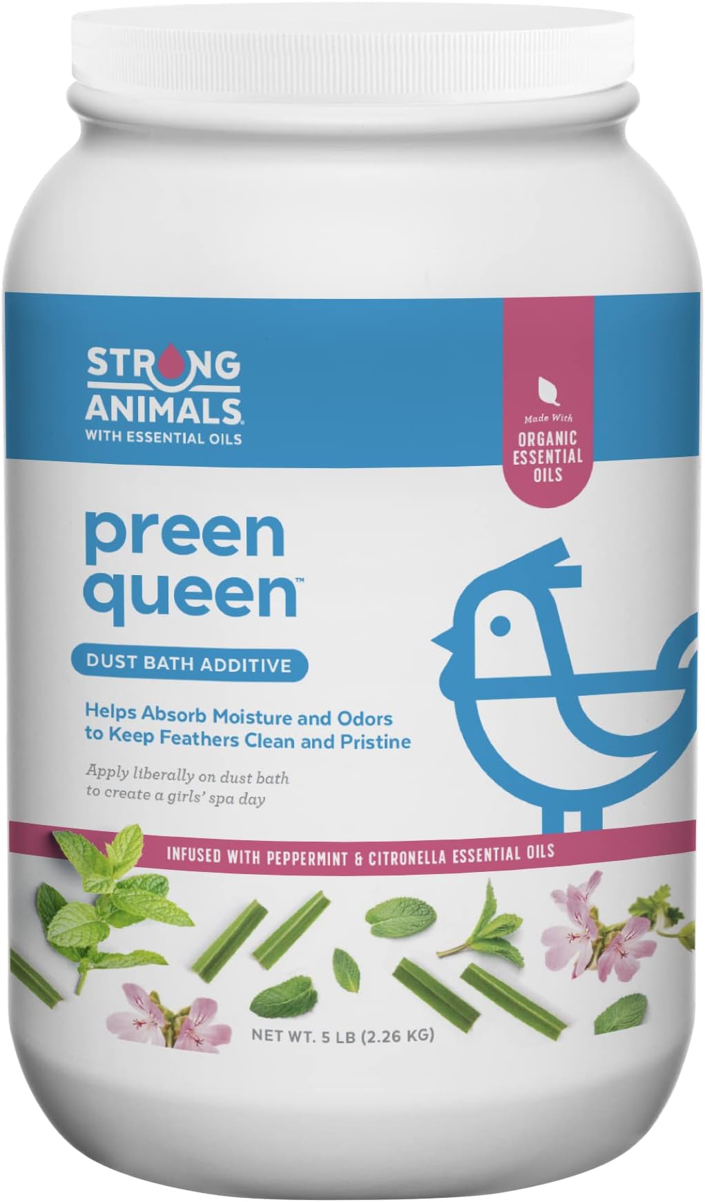 Strong Animals Preen Queen™ is a dust Bath additive to Help Remove Excess Oil from Your Chickens’ Bodies. It Contains Zeolite, diatomaceous Earth, Peppermint, and citronella Essential Oils (5lb Pail)
