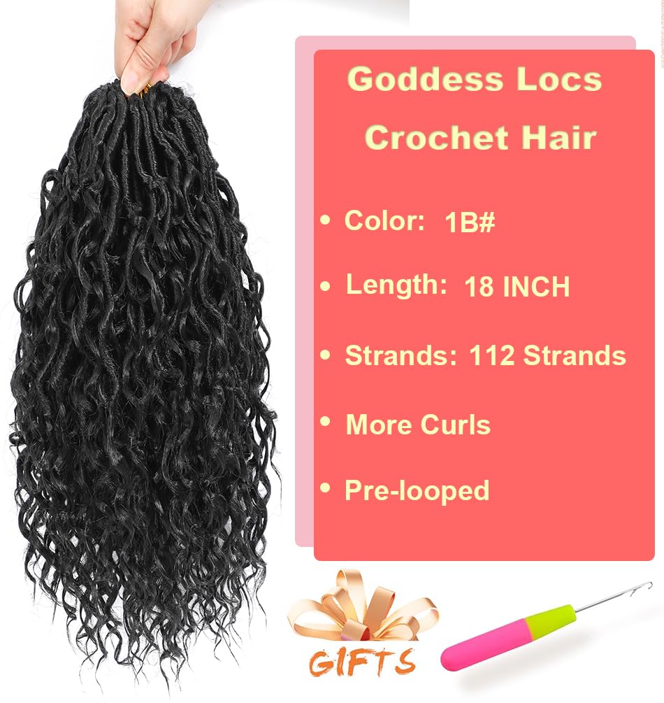 8 Packs Goddess Faux Locs Crochet Hair for Black Women 18 Inch Black Boho Style River Locs Crochet Hair with Curly Ends