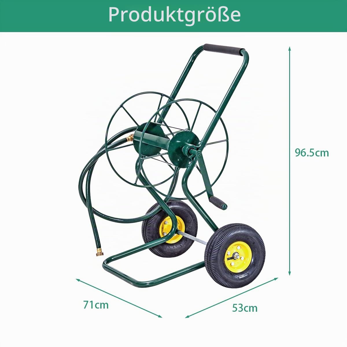SOARS Schlauchwagen Metall, Schlauchaufroller für 3/4" Schlauch, Schlauchtrommel mit tropffreie Drehdurchführung & Kurbel & Gummirädern, Gartenschlauchwagen mit 188 cm Anschlusschlauch