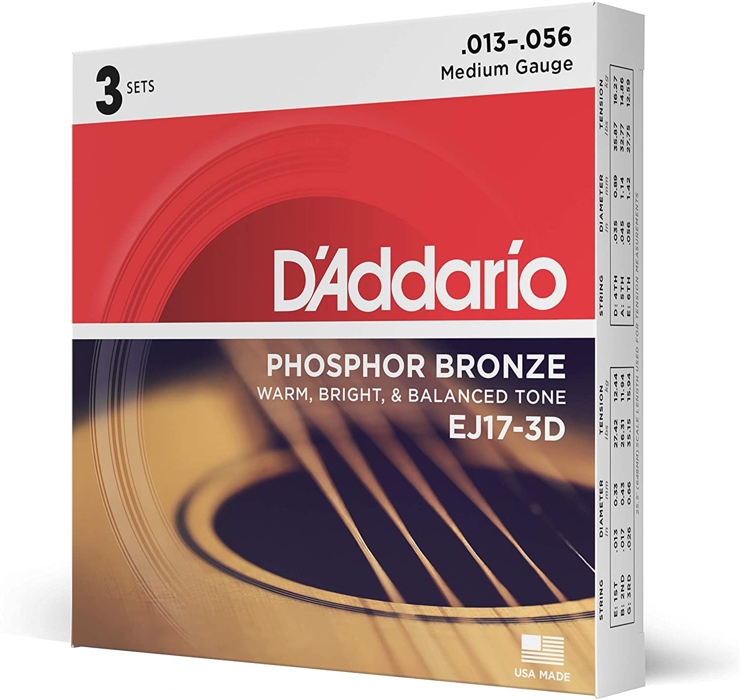 D'Addario D'Addario EJ17-3D Acoustic Guitar Strings, Phosphor Bronze, Medium, Pack of 3