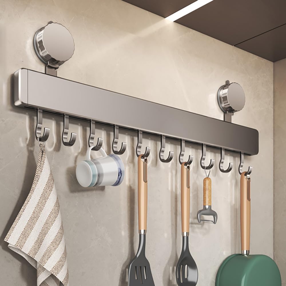 Soporte para utensilios de cocina montado en la pared con ventosa con 10 ganchos móviles, almacenamiento de aluminio duradero para utensilios y herramientas de baño