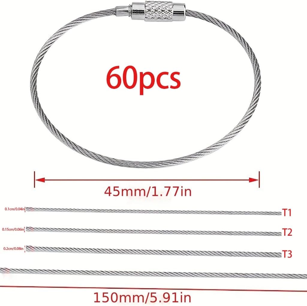 60Pcs Stainless Steels Wire Keychains Rings Circles Metal Keychains Label Rope Braided Steels Chain Heavy Luggage Label