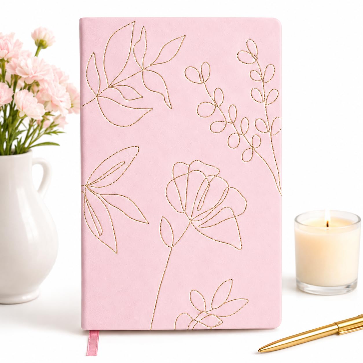 Eccolo Medium Lined Journal, Stitched Flexicover, A5 Writing Journal, 256 Ruled Ivory Pages, Ribbon Bookmark, Lay Flat, Notebook for Work or School, Gold Stitched Botanicals (5.75x8.25 inches)