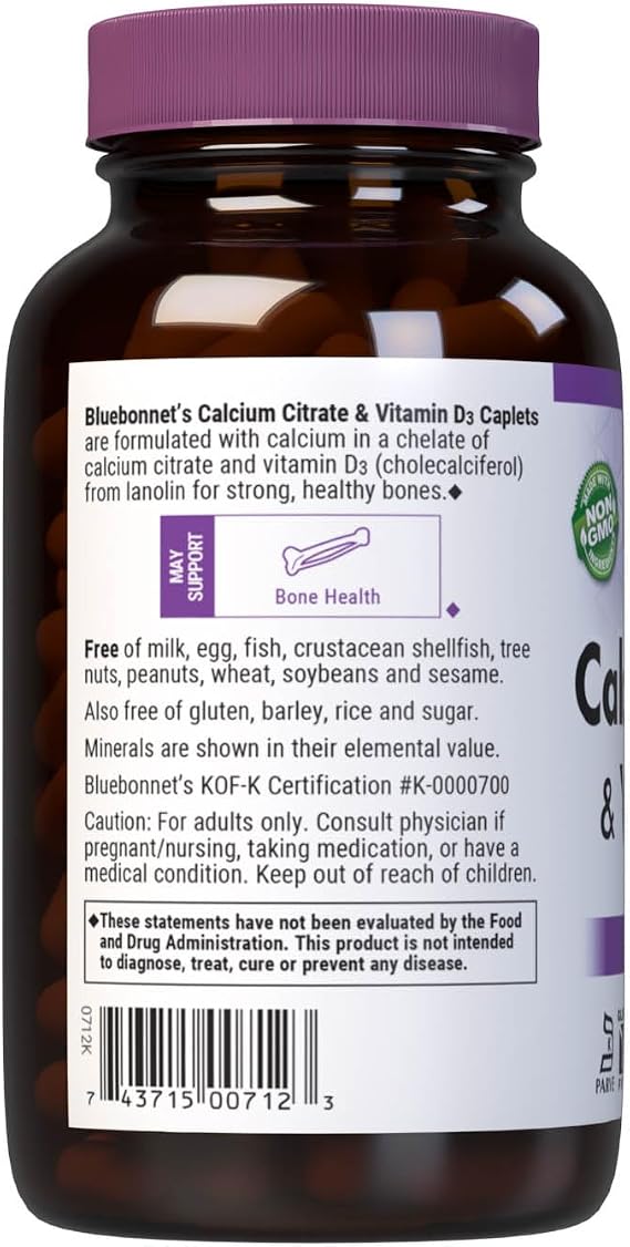 Bluebonnet Calcium Citrate with Vitamin D3 - Daily Bone Health & Strength Plus Immune Support* 1000mg Calcium Supplement for Women & Men - Non-GMO, Gluten-Free - 180 Caplets