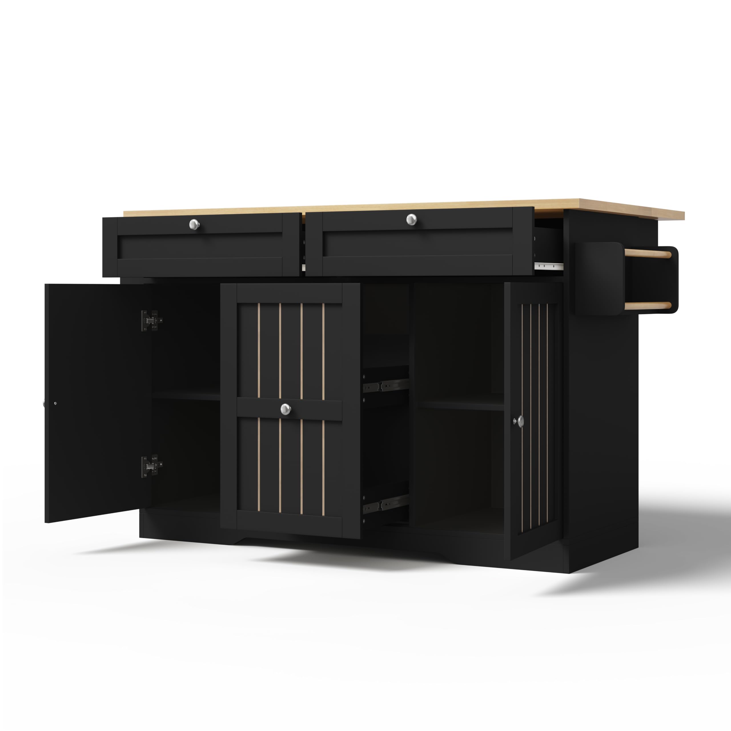 Isola da cucina mobile con piano di lavoro pieghevole, carrello da portata e armadietto, 137 x 70 x 92 cm, nero + naturale, cassetti verticali a 2 livelli, 2 cassetti grandi, ruote bloccabili