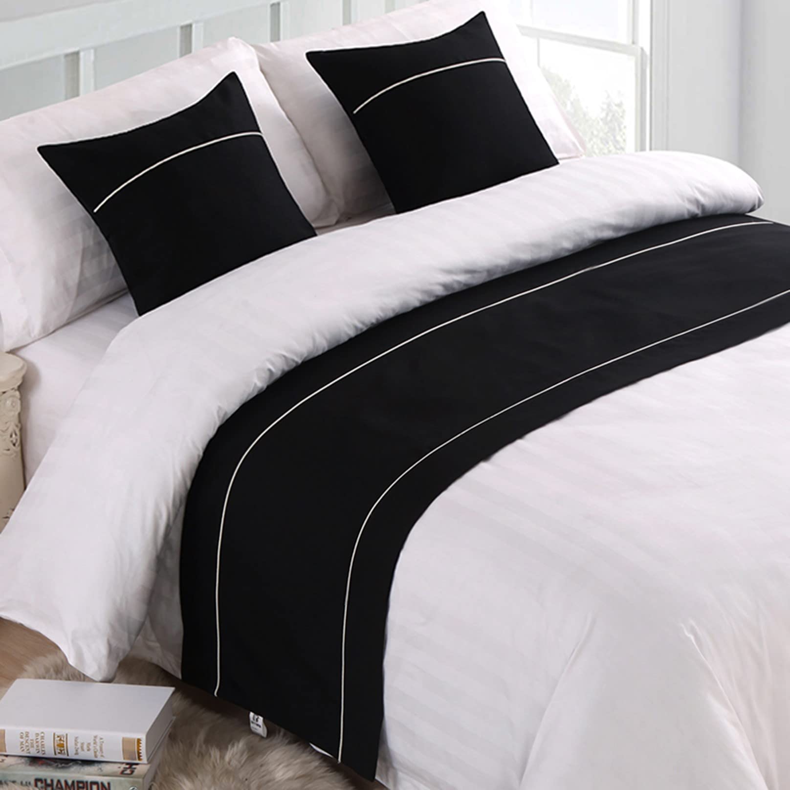 HLASMSPE Bed Runner for Foot of Bed Stripe Pattern Black Decor Bedding Protection Cover Bed Scarf Bed End Towel Bed Mat No Fading Hotel Bedroom Wedding Room, 260x50cm
