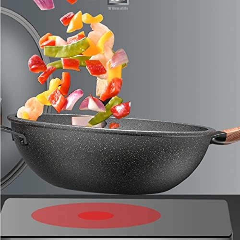 ガス炊飯器と誘導調理器具用のガラスカバースーツ付きのノンスティック中華鍋フライパン多機能ディープクッキングポット-34cm（30cm