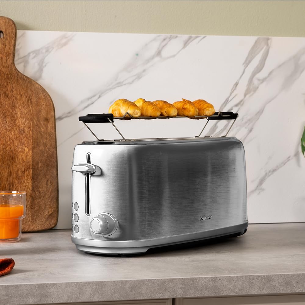 Cecotec Toast&Taste 1600 Retro Double Inox Tostapane, 4 fette, 1630 W, 2 fessure larghe da 3,8 cm e lunghe, in acciaio inox, aste superiori, potenza regolabile, vassoio raccogli briciole