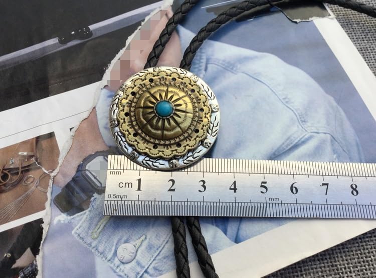 Engraved Two-Tone Bolo Tie for Men, Bronze & Silver Sunburst Compass Medallion with Turquoise Accent, Western Faux Leather Cord Necktie