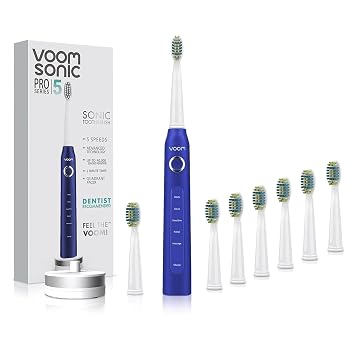 Voom Sonic Pro 5 Series Rechargeable Electronic Toothbrush + Pro 3/Pro 5 6-Replacement Heads - 2 Minute Timer with Quadrant Pacing, 5 Adjustable Speeds, Soft Dupont Nylon Bristles, Blue