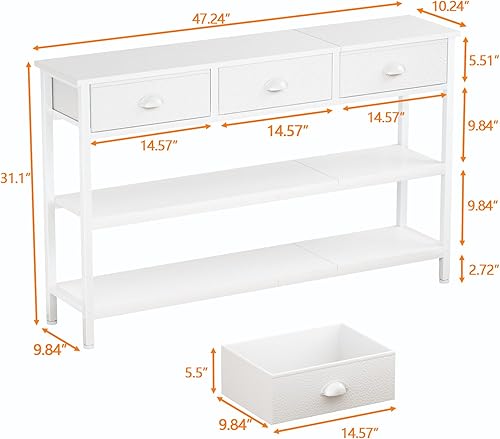 Miniatura 11 de Furologee Mesa de sofá larga de 47 pulgadas con 3 cajones, mesa de entrada con estantes de almacenamiento de 3 niveles, estante de exhibición Marrón