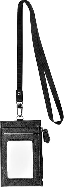 Black ID Badge Holder with Lanyard PU Leather ID Card Holder Slim Credit Card Wallet Vertical Identity Card Holder with ID Window, Pocket Zipper for Employee Student Bus Card Work Permit, Hold 5+ Card