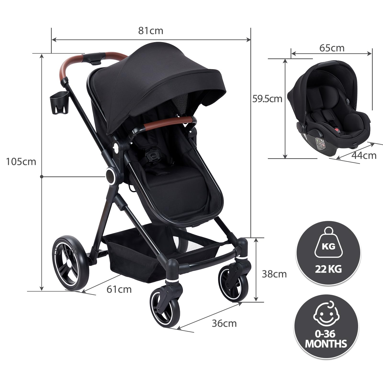 Poussette 3 en 1 Compacte avec Nacelle, Cosy et Siège Sport – Ensemble Évolutif de Naissance à 26 kg – Châssis Léger, Pliable pour Voyage en Cabine – Confort Tout Terrain, Noir