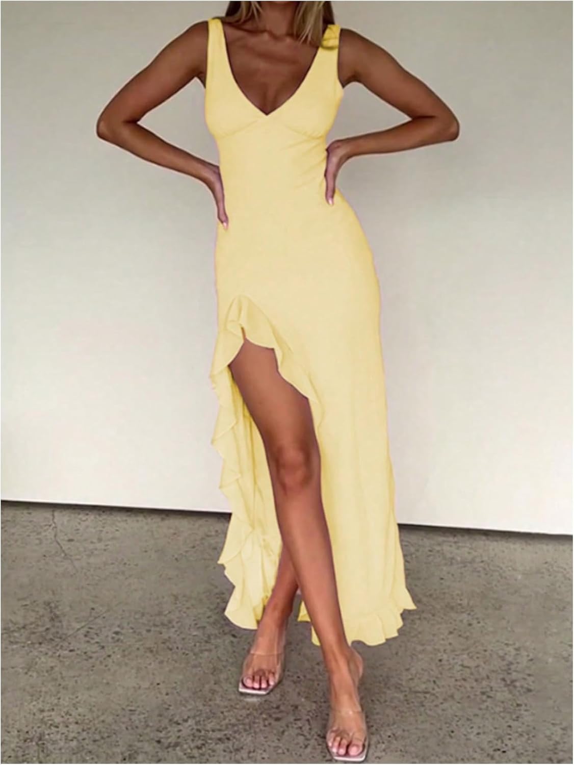 SOLY HUX Women's Sleeveless V Neck Ruffle Trim Split Hem Dress Bodycon Long Dresses - Image 2