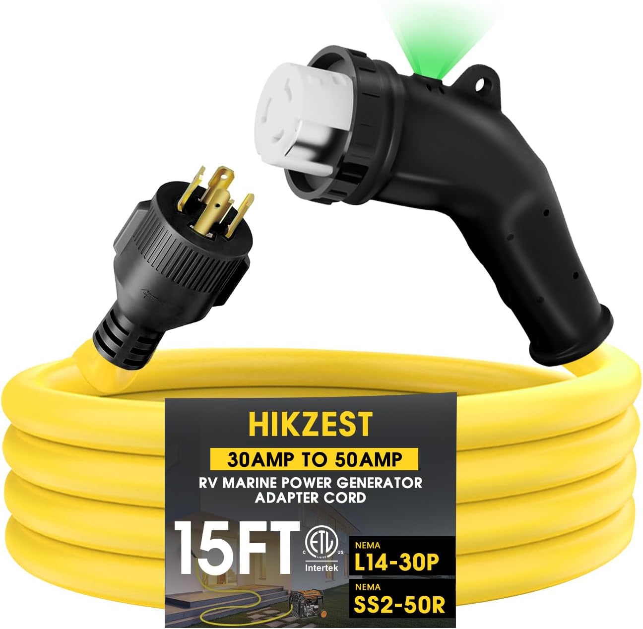 15FT NEMA L14-30P to SS2-50R RV Marine Power Generator Adapter Cord, 30A 4 Prong Locking Generator L14-30P Male to 50A Marine Shore Power SS2-50R Female with 135° Elbow Grip Handle LED Power Indicator