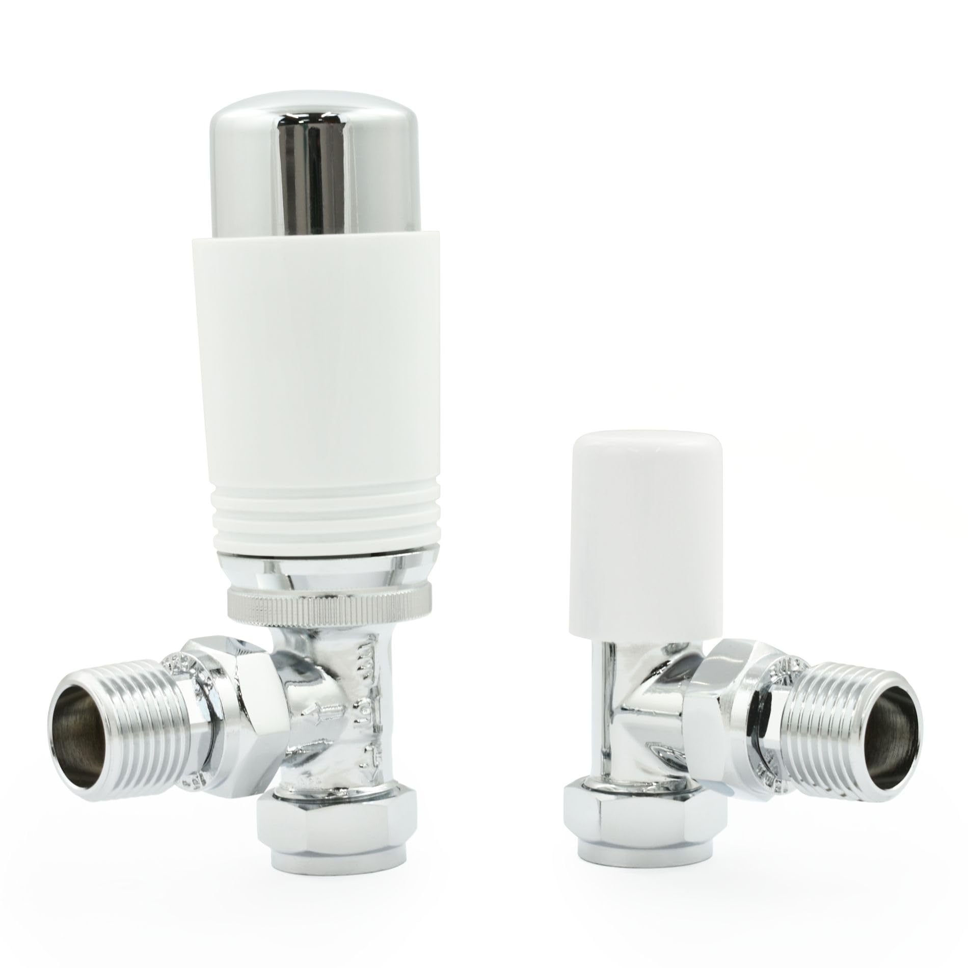 Válvula termostática de radiador TRV en ángulo cromado y blanco (par) incluye cuerpo TRV en ángulo, cabezal de rueda, escudo de bloqueo. o control de temperatura rápido y fácil.