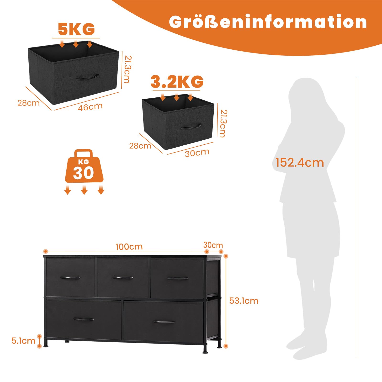 Sweetcrispy Kommode für Schlafzimmer, breite Schublade Kommode Organizer Storage Drawers Fabric Storage mit 5 Schubladen, kleine Kommode, TV Stand für Schlafzimmer, Schrank, Wohnzimmer, Kinderzimmer