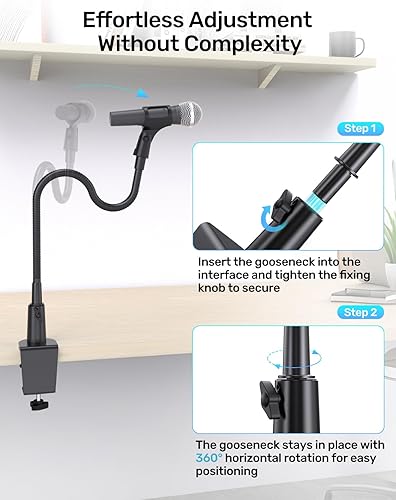 Miniatura 6 de Soporte de micrófono de cuello de cisne con abrazadera, soporte de brazo de micrófono de escritorio flexible de 19 pulgadas con adaptadores de