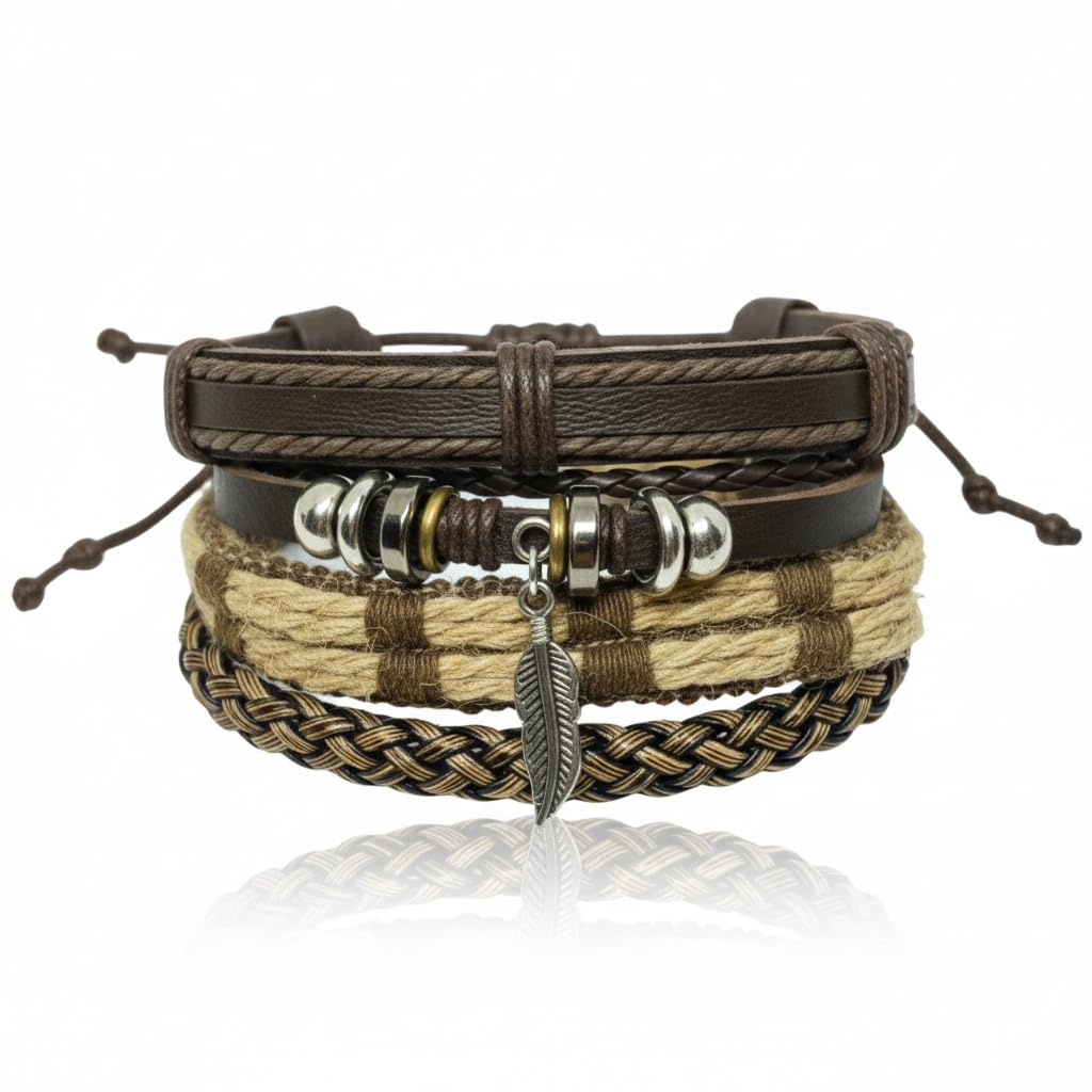 TRIBAL LEAF - 4 Pcs Genuine Leather Adjustable Bracelet Set for Men & Boys (8 inch)-image-18
