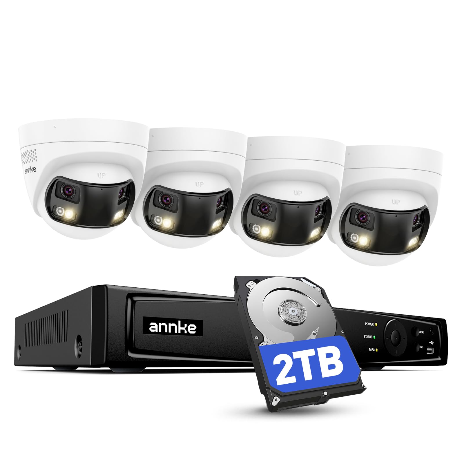 ANNKE Sistema di telecamera di sorveglianza 4K, 8 canali, 12 MP, NVR con disco rigido da 2 TB, 4 X 8 MP, doppia fotocamera PoE, vista panoramica a 180°, visione notturna a colori, rilevamento persone
