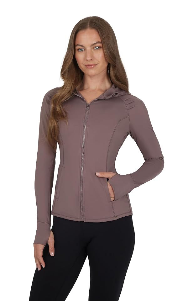 Yogalicious Womens Full-Zip Up Jacket Lightweight Hooded Running Workout Yoga Jacket with Pockets - Mocha - XL by Yogalicious - Image 2