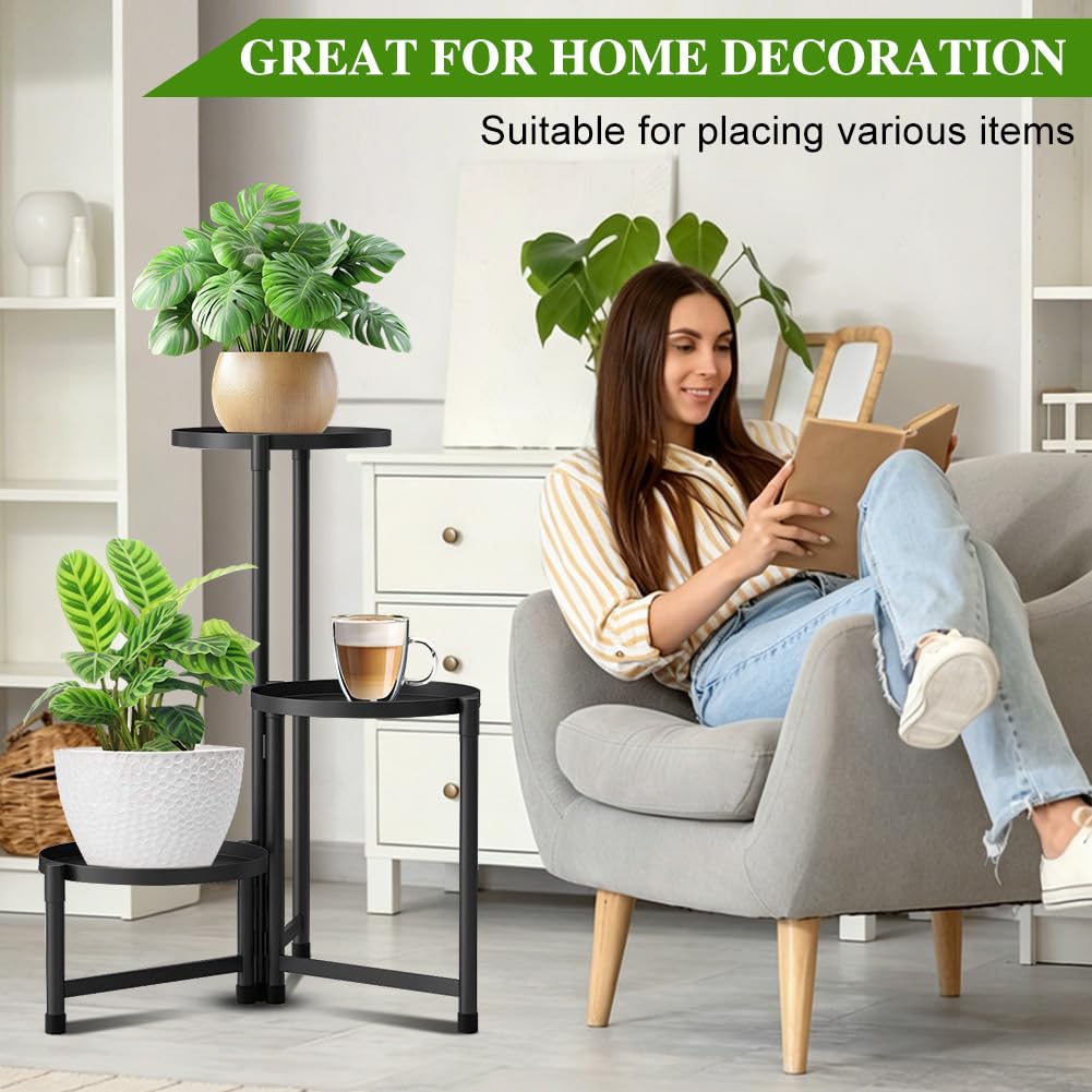 Scaffale per fiori in metallo, a 3 livelli, nero, supporto per piante, per interni ed esterni, scaffale decorativo per terrazza, giardino, balcone, soggiorno, camera da letto