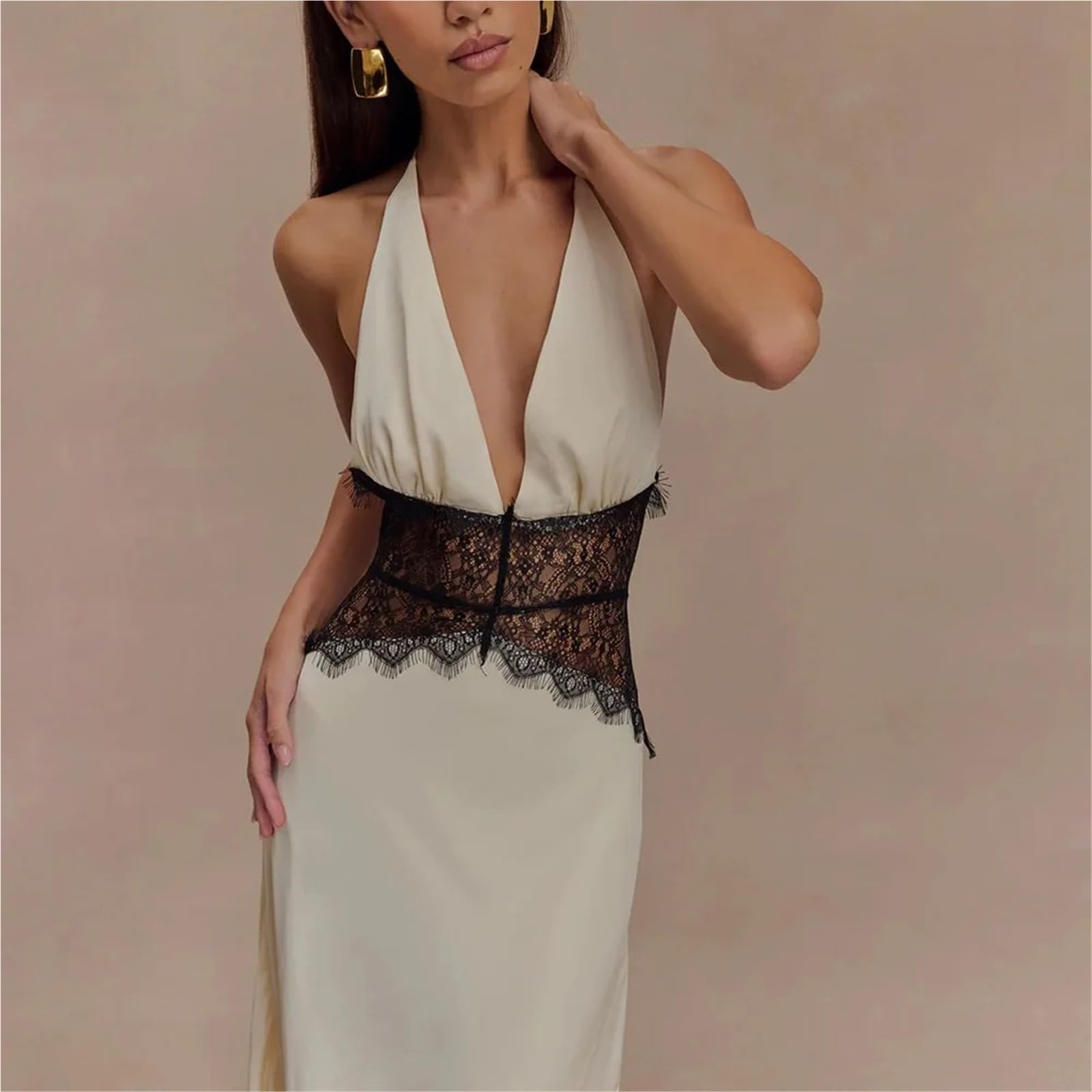Vestido Largo de satén con Cuello Halter y Encaje for Mujer, Vestido Noche Formal Elegante Escote en V Profundo Espalda Descubierta for Boda, Fiesta graduación