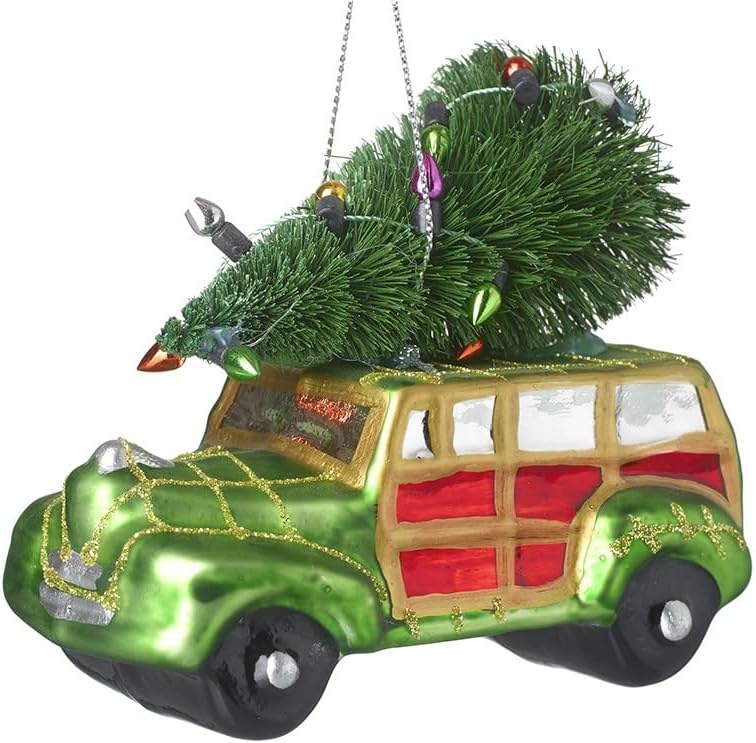 Heaven Sends Green Red and Gold Glass Christmas Traveller Car with Christmas Tree On Roof Bauble Decoration
