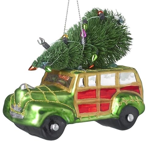 Image of Heaven Sends Green Red and Gold Glass Christmas Traveller Car with Christmas Tree On Roof Bauble Decoration