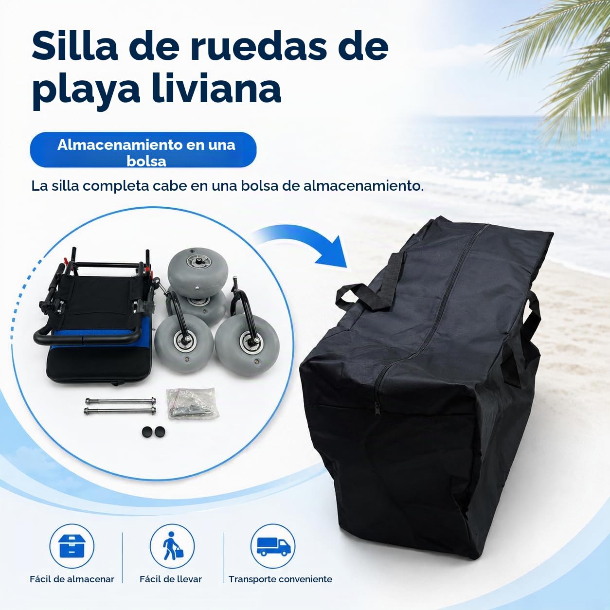 Silla De Ruedas En La Playa De Todo Terreno, Silla De Ruedas Plegable Con Neumáticos Con Globo Para Arena Suave, Silla Compacta Con Ruedas De Globo Para Playa, Hierba, Grava Y Acceso Al Agua