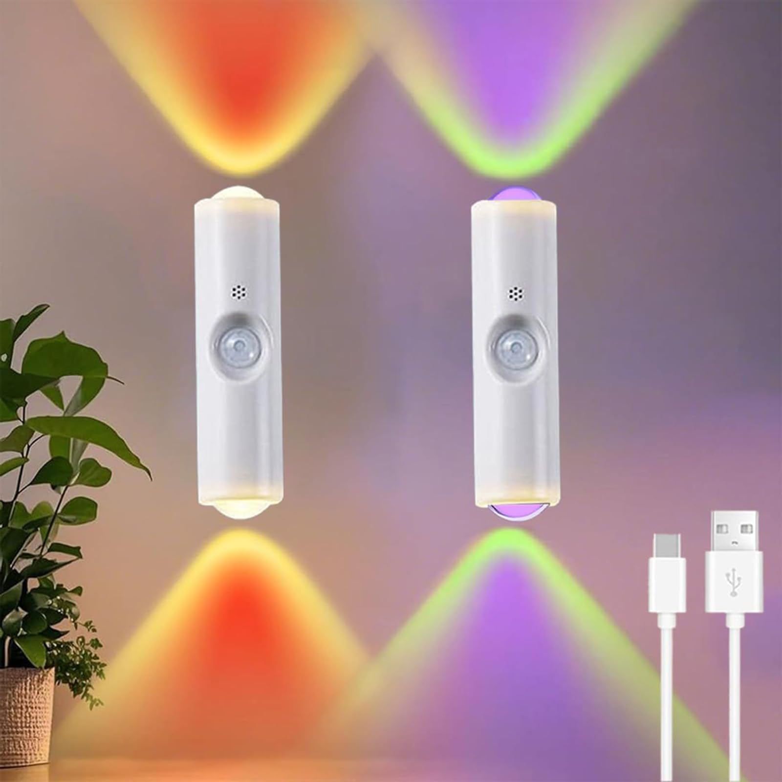 2PCS Magnetic Smart Motion Sensor RGB Mood Light, LED Cabinet Lights Motion Sensor Ambient Light with Colorful Gradient, RGB Gradient Rechargeable Wall Sconces for Bedroom, Hallway, Party (White)
