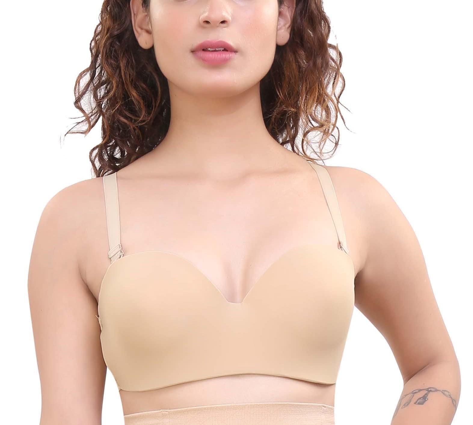 Ritu CreationWomen Cotton Nylon Spandex Padded Wire Free Strapless Seamless Bra with Detachable Multi-Way Straps, Beige (Size-40C)