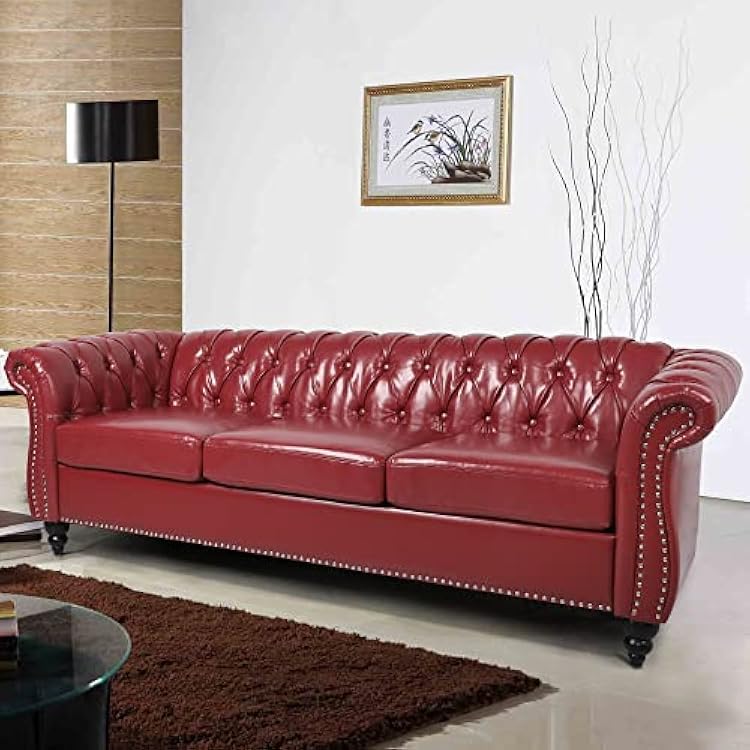 Image of WOODEN WORLD Modern & Classic Leather Sofa Set - Luxurious Comfort, Stylish Design, and Durable Build (Red, 3 Seater)