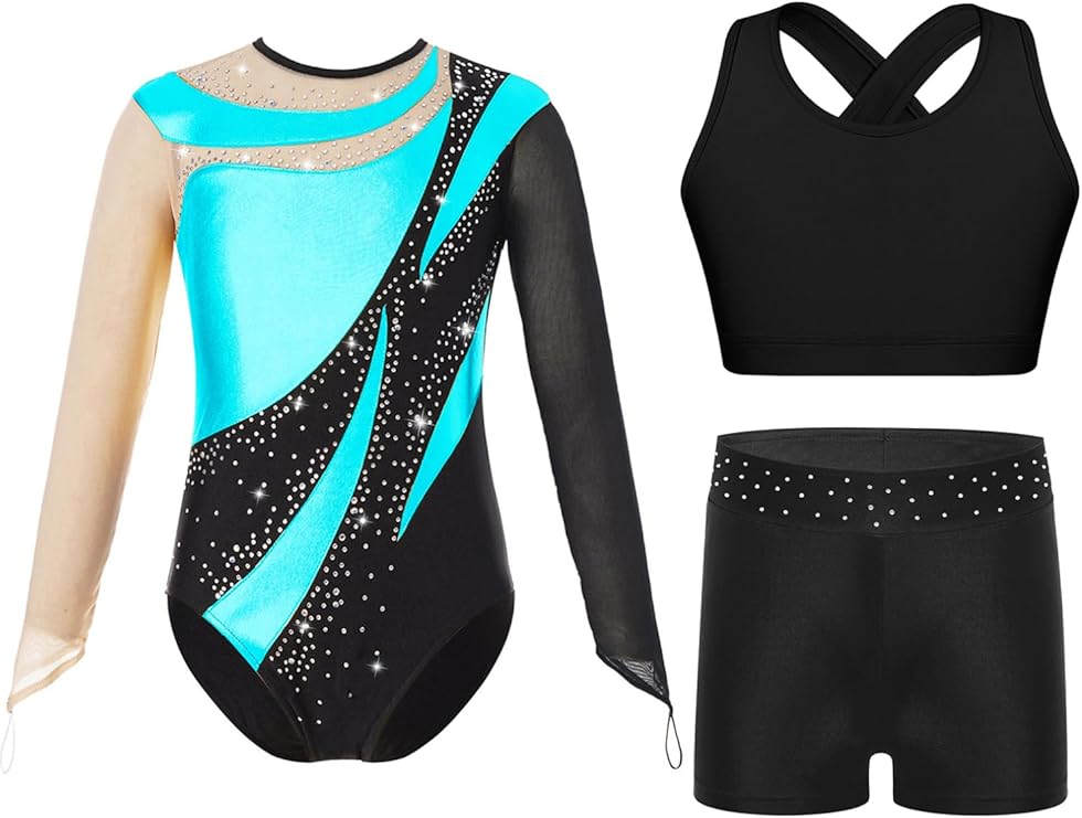 Xnihocha Mädchen Gymnastikanzug 3-teilig - Langarm Mit Shorts & Haarband