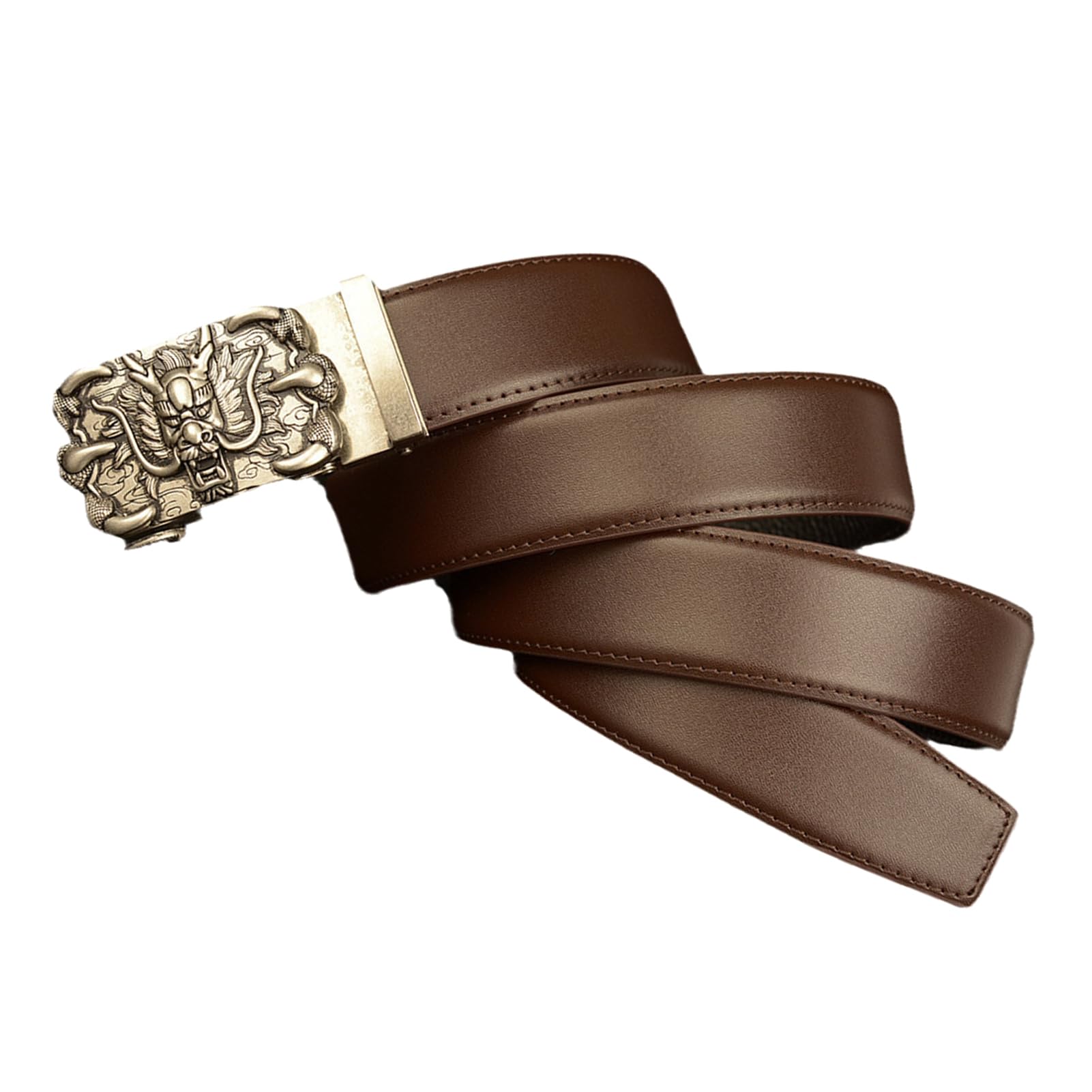 Cinturón De Trinquete Deslizante Clásico Piel Vaca Con Hebilla Automática Dragón Grabado, Ropa Informal Negocios (125 Cm, Se Adapta A Cintura 43 Pulgadas, Marrón)