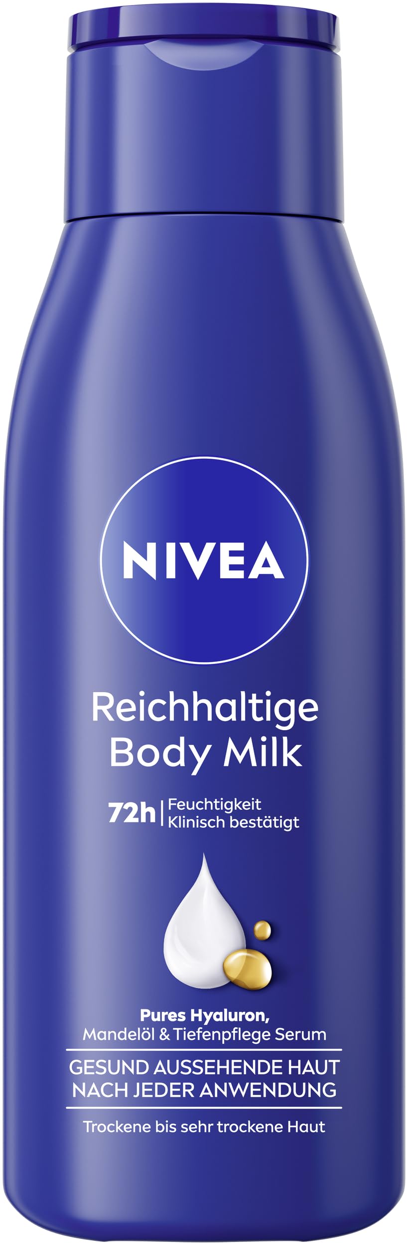 NIVEA Reichhaltige Body Milk Mini, intensiv pflegende Körpercreme mit Mandelöl und Hyaluron, Lotion mit Tiefenpflege Serum für 72h Feuchtigkeit (75 ml)