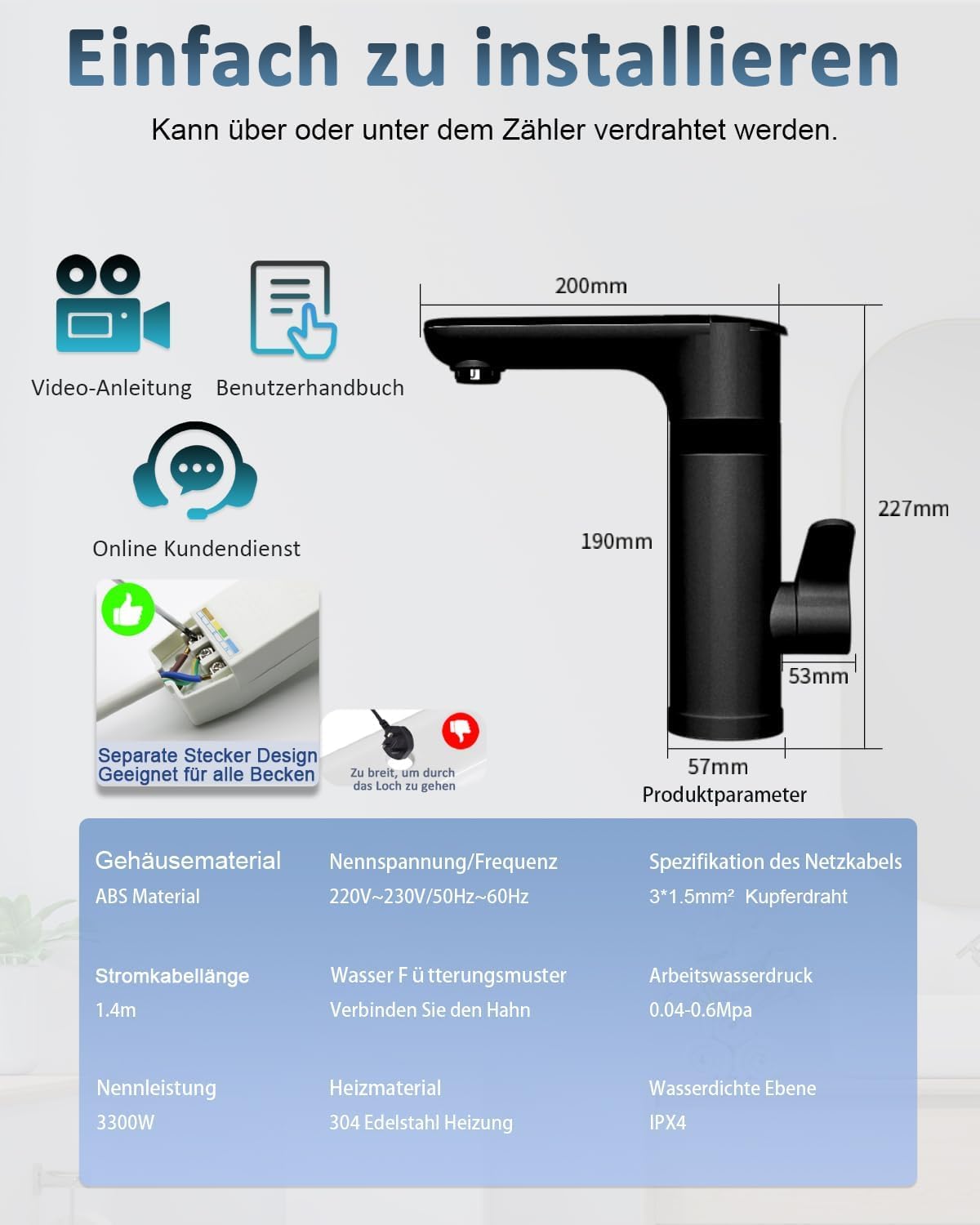 Warmwasserhahn Dlektrisch, Elektrischer Heiß- und Kaltmischer Wasserheizhahn mit digitaler Anzeige, 3300W Wasserhahn mit Durchlauferhitzer Elektrischer Hahn für Waschbecken (Schwarz)