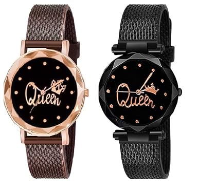 New Diamond Cut Glass Queen Gold & Black Pu Belt Watch for Girls & Women & Kids Analog