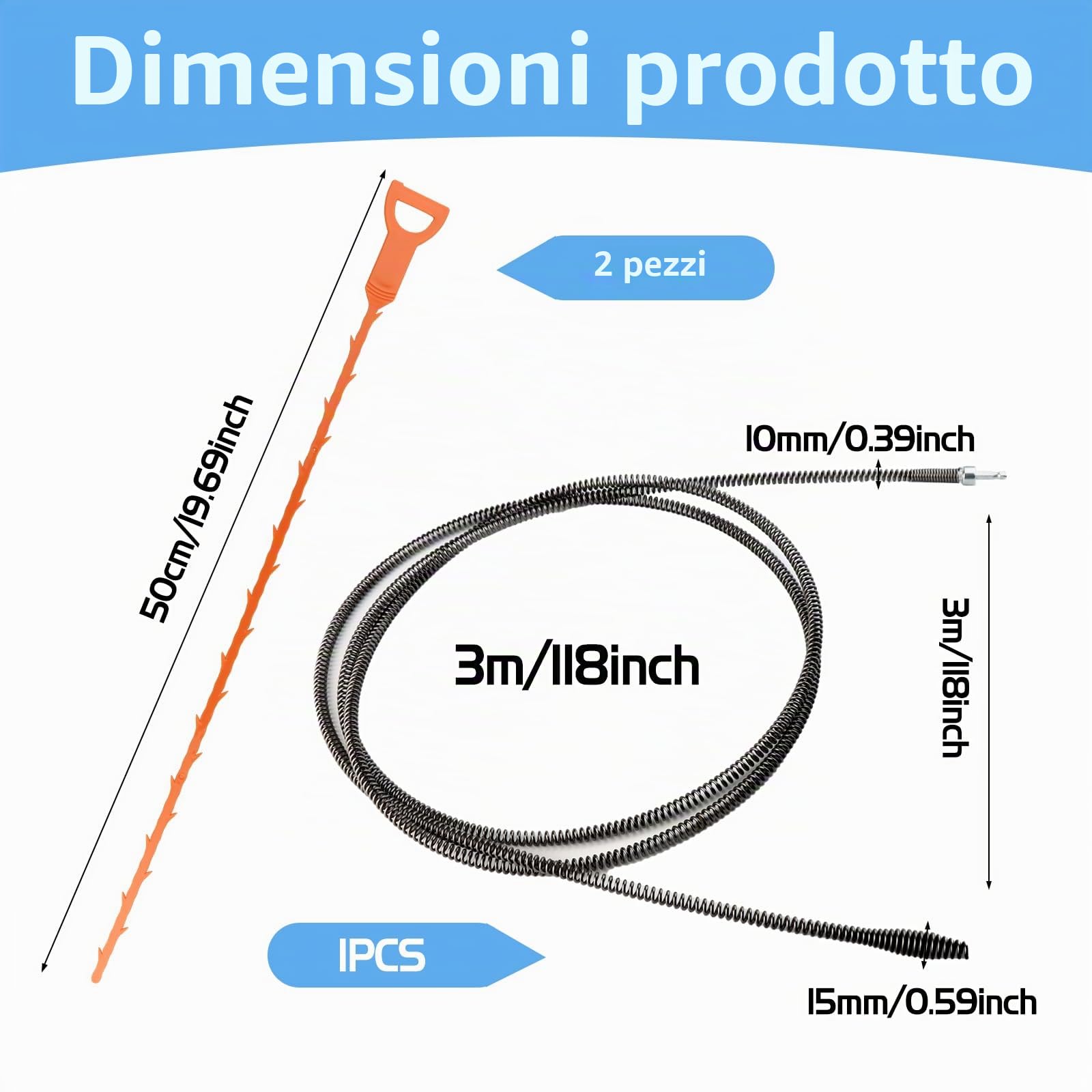 Sonda Sturatubi Spirale Professionale, 3m x 10mm Sonda Pulizia Tubi di Scarico Manuale, Sbloccatore Flessibile di Scarico Forte, Sonda Stura Lavandini per Lavello Doccia Cucina