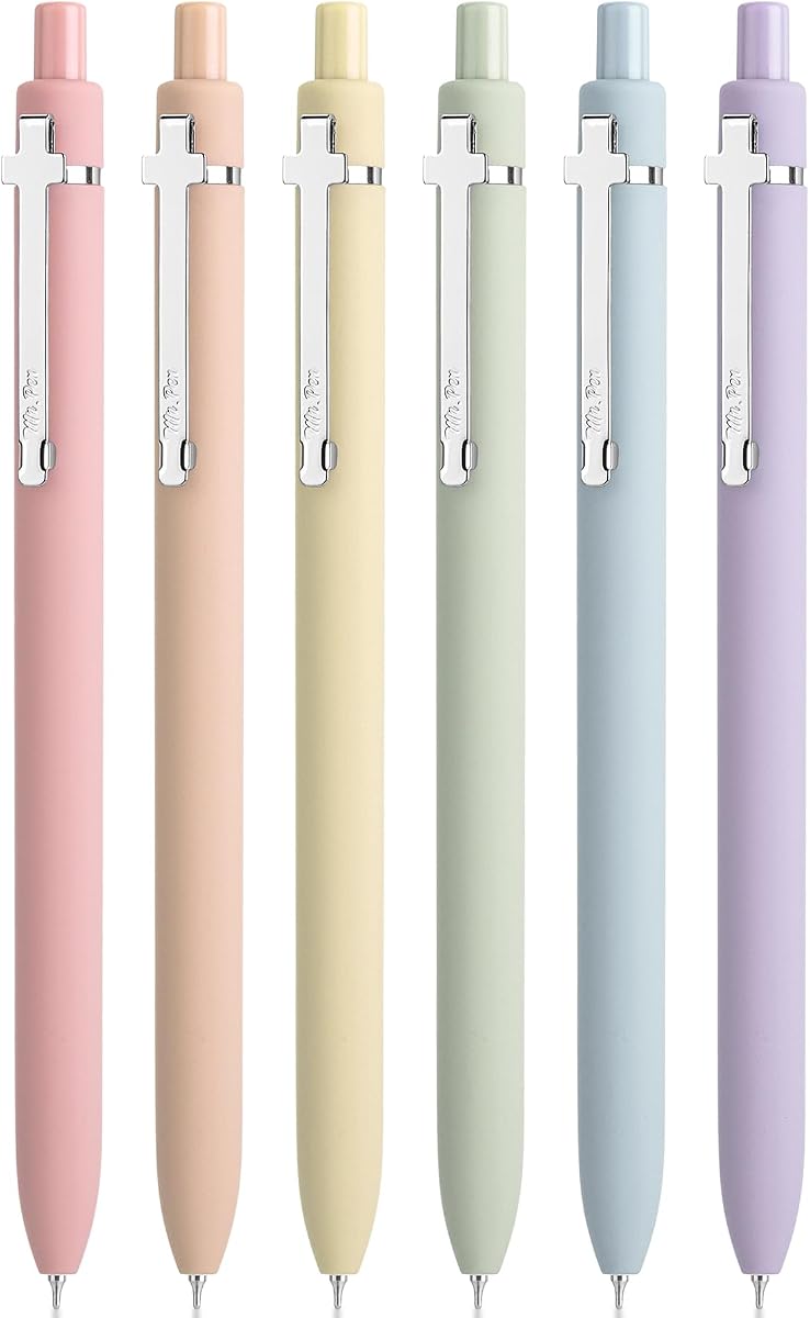 Mr. Pen- Bible Journaling Pens, 6 Pack, Black Ink | Retractable Gel Pens 0.5 mm, Soft Pastel Barrels with Silver Cross Clip, Smooth Writing for Bible Study, Journaling