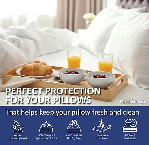 Miniatura 4 de Juego de 2 protectores de almohada de algodón con cremallera, impermeable, a prueba de alérgenos, protección a prueba de chinches, hipoalergénico,