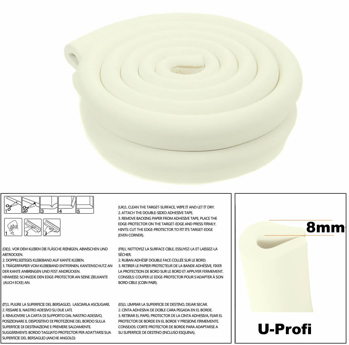 20 Metros Protector Borde Forma de U, Espuma para Borde de Mesa de Vidrio, Anticolisión Tira para Bebés y niños, Protectores para Bordes, Extra DENSOS. 10x2M, Marfil KXD7003 Ivory