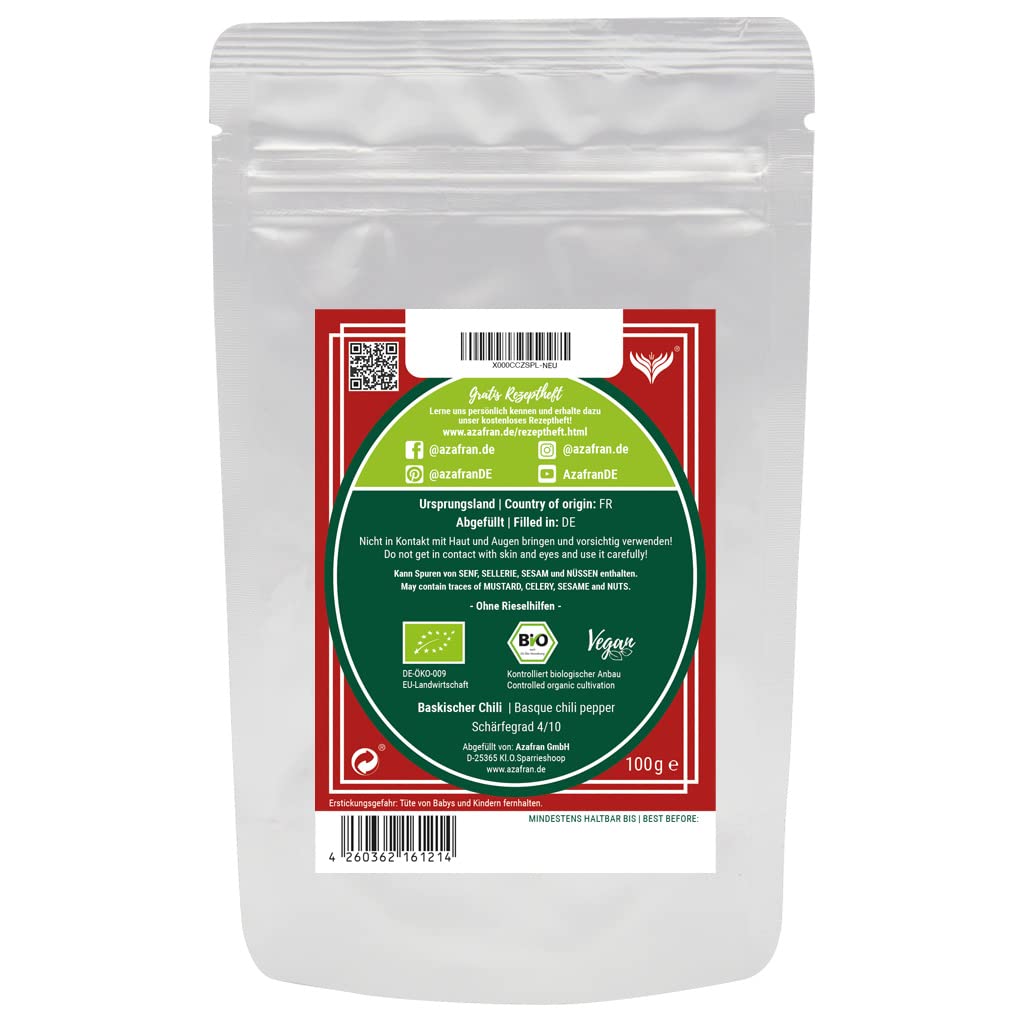 Azafran BIO Baskischer Chili Espelette gemahlen AOP 100g | Elegante Schärfe für Feinschmecker aus dem Baskenland