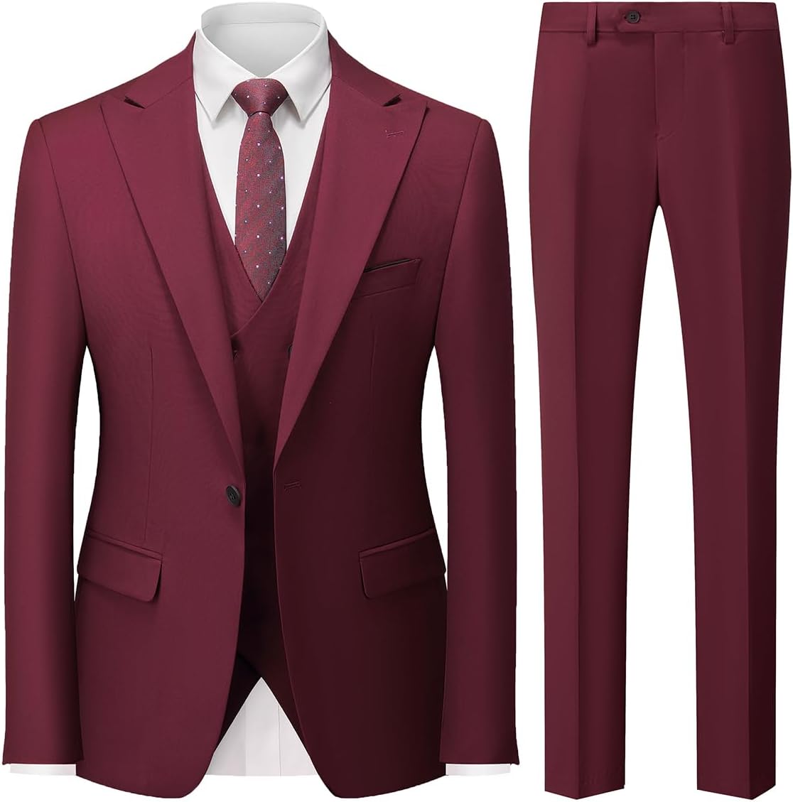 MODFUL Herenpak, 3-delig, slimfit, business, éénknoop, smoking, bruiloftsblazer, vest en broek, set, wijnrood, 3XL