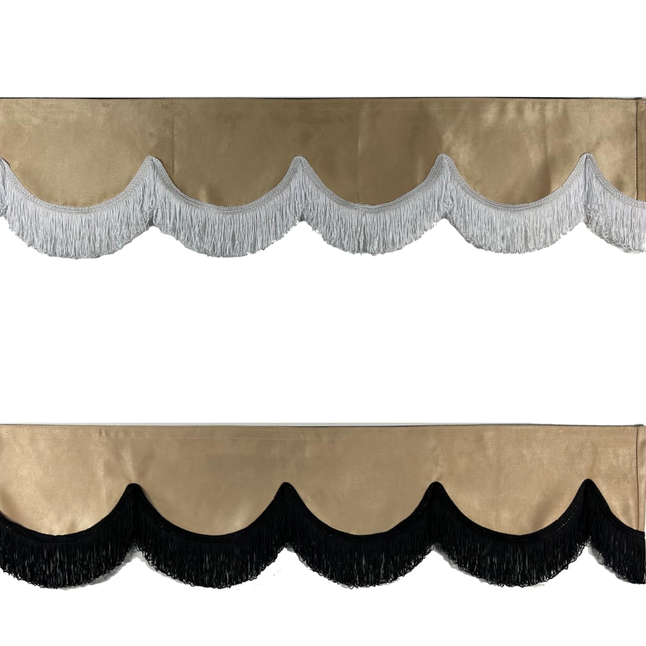 DTS Luxuriöser LKW Scheibenbordüre, Beige Samt (230cm x 18cm) mit schwarzen Fransen (8cm), Klettverschluss, Gardine für Truck Innenausstattung.