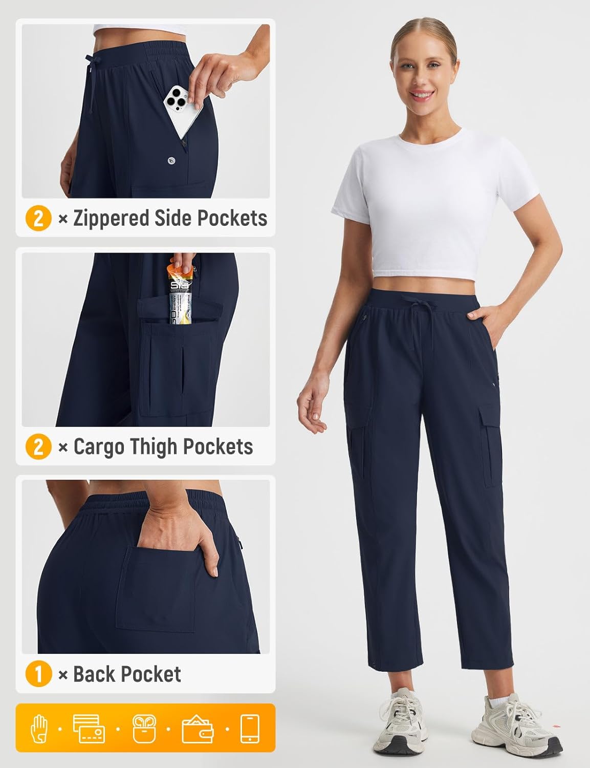 baleaf Women's 26'' Travel Pants with Zipper Pockets Lightweight Stretch Dry Fit UPF 50+ Hiking Ankle Cargo Golf Work Slacks