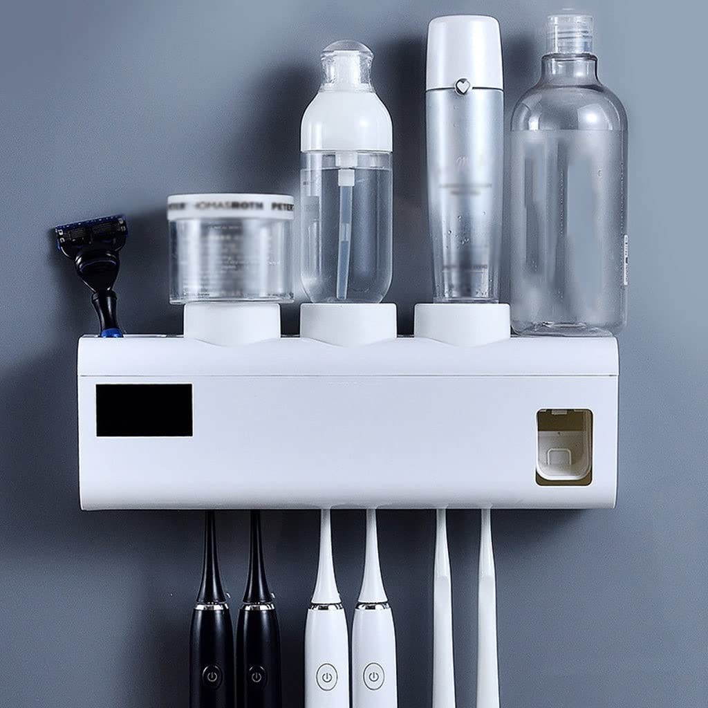 Porta Cepillo de Dientes Soporte de cepillo de dientes inteligente montado en la pared sin estribo de almacenamiento de perforación 6 ranuras del cepillo de dientes, con dispensador de pasta de diente