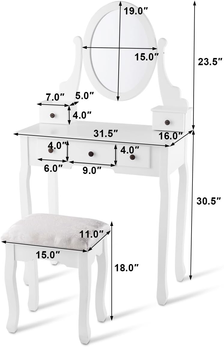 Giantex Girl Vanity Set with 5 Drawers, Makeup Dressing Table with Cushioned Stool for Modern Bedroom Apartment, White Vanity Desk for Women