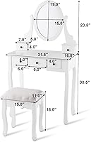 Vista 6 de Giantex - Juego de tocador para niñas con 5 cajones, mesa de maquillaje con taburete acolchado para dormitorio moderno, escritorio de tocador blanco