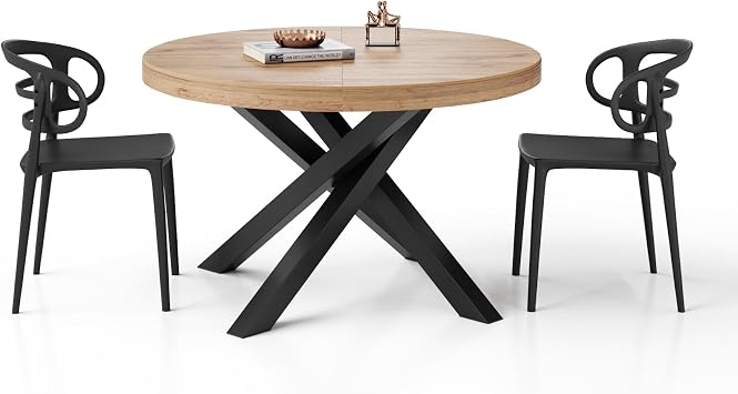 Mobili Fiver, Emma Round Extendable Table, 120-160 cm, Rustic Oak with Black crossed legs, Made In Italy
